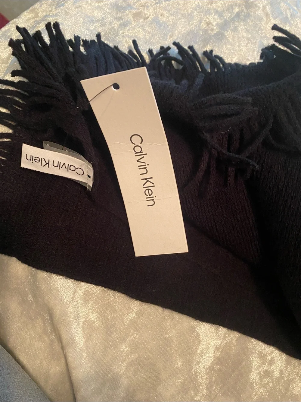 Calvin Klein Solid Black Fringed Wrap Scarf